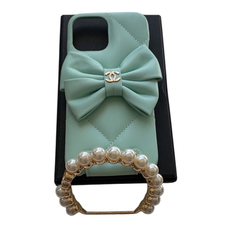 📲Luxury CHANEL Style soft green-Gold iPhone 13 Pro-Max Case with Bow & Pearls📱